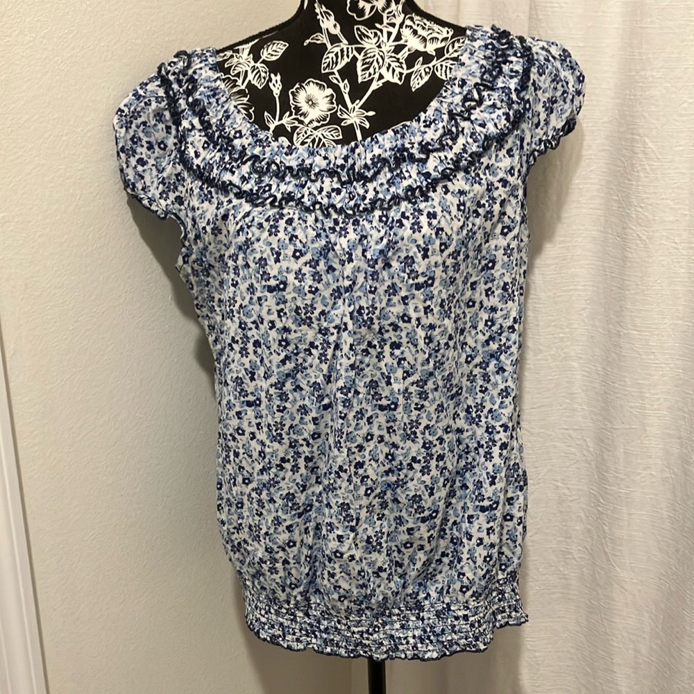 dressbarn Blue Ruffled Blouse with Smocked Details
